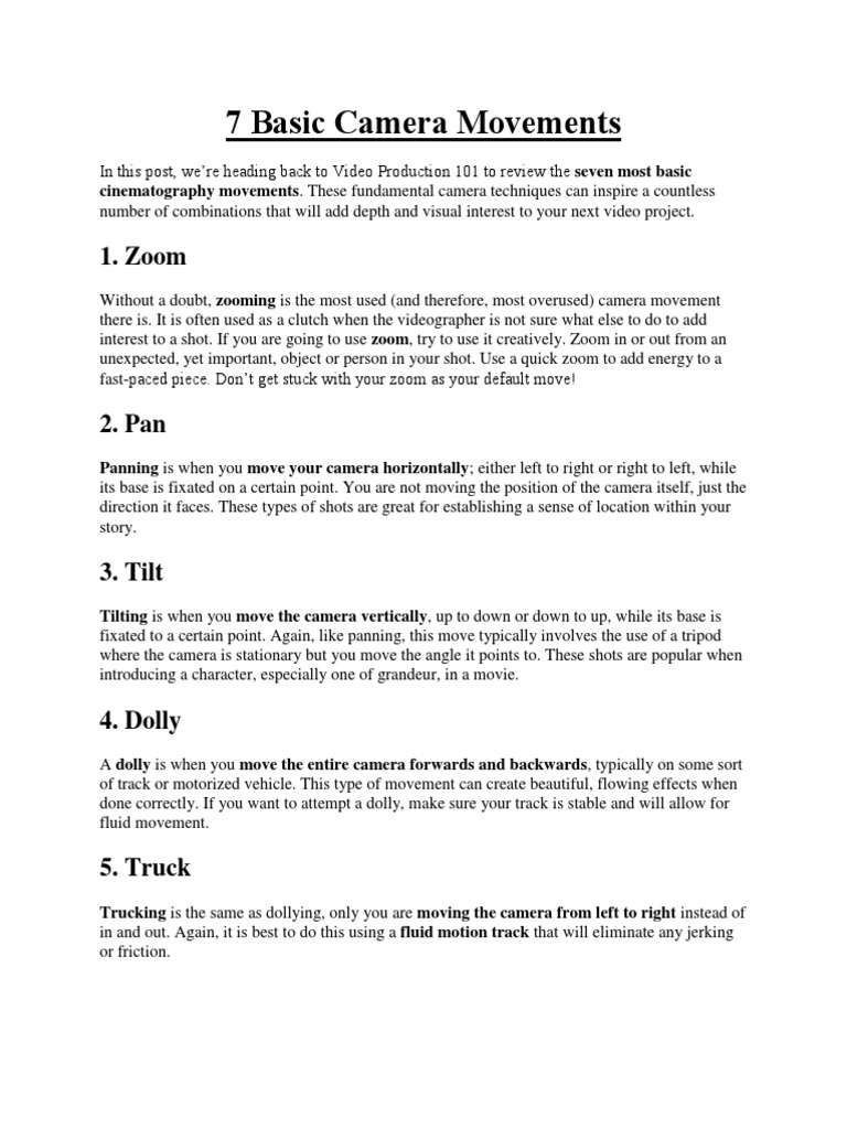 7 Basic Camera Movements | PDF | Tripod (Photography) | Camera