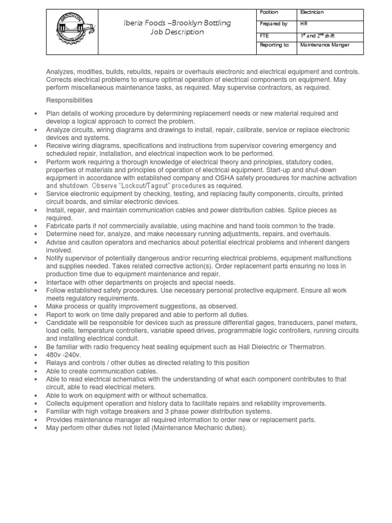 Iberia Foods Brooklyn Bottling Job Description ST ND Download Free PDF Machines