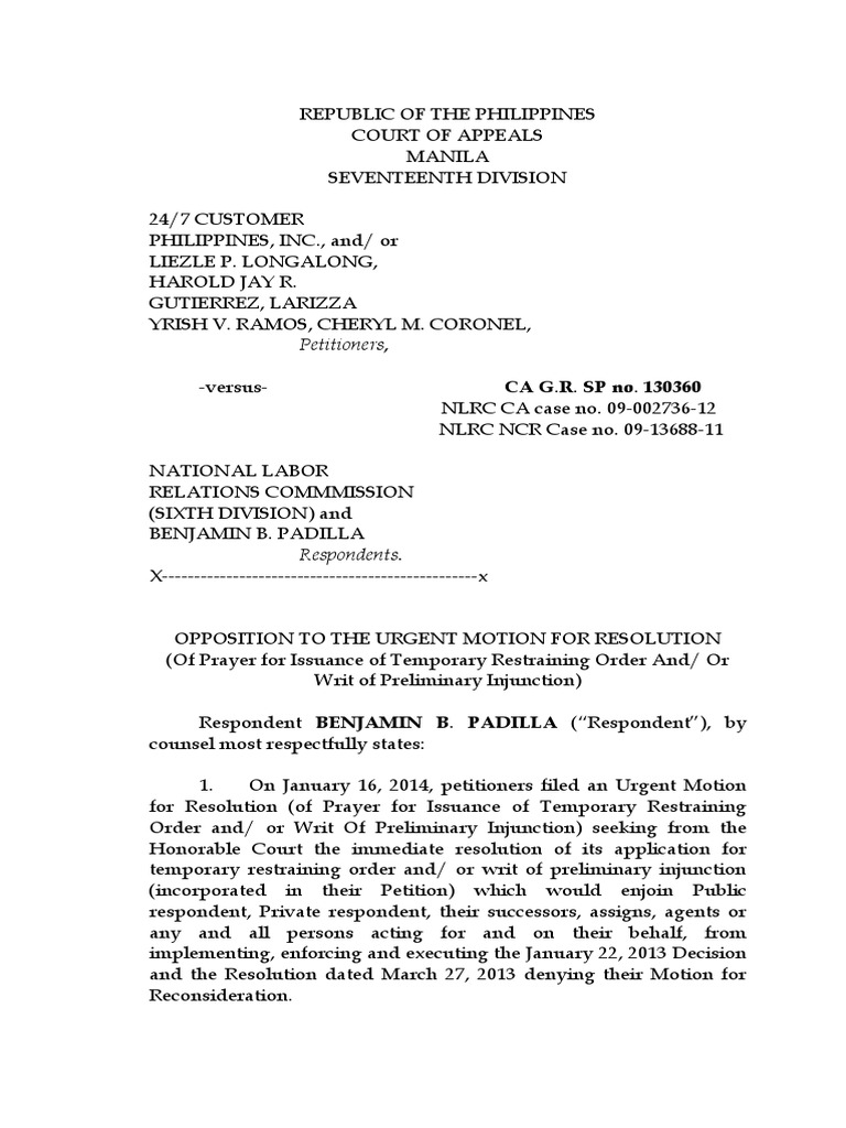 Opposition to TRO Motion in NLRC Case | PDF | Injunction | Affidavit