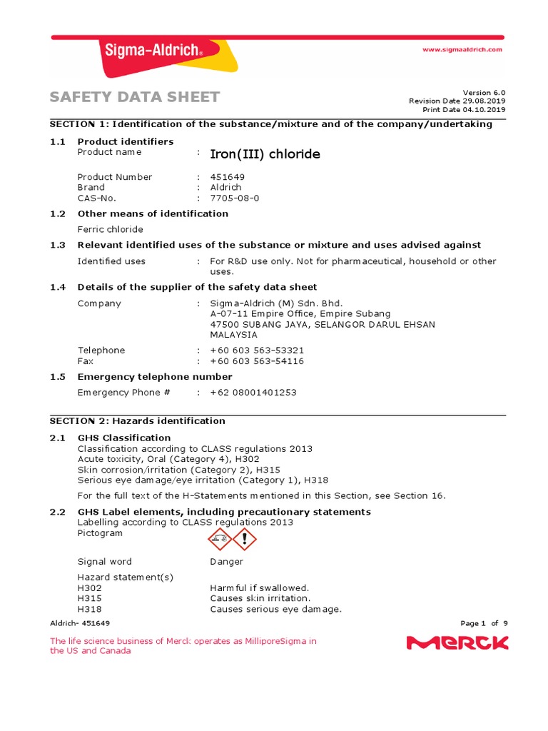 SDS Iron III Chloride PDF Toxicity Occupational Hygiene