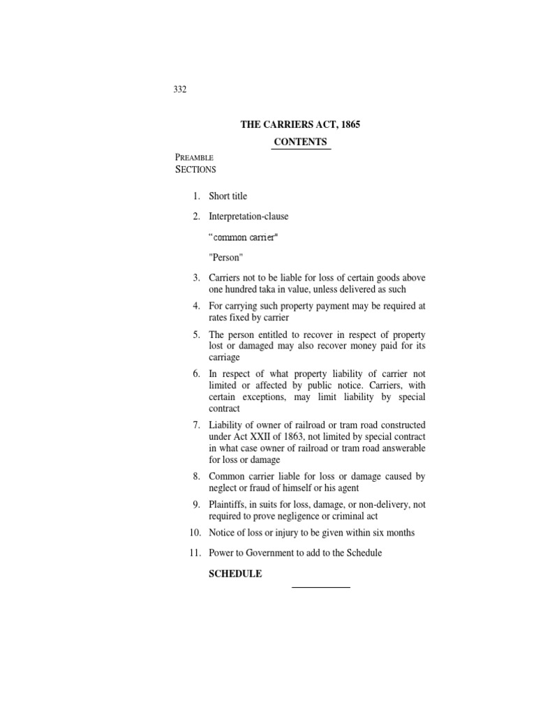 The Carriers Act, 1865 PDF Common Carrier Negligence