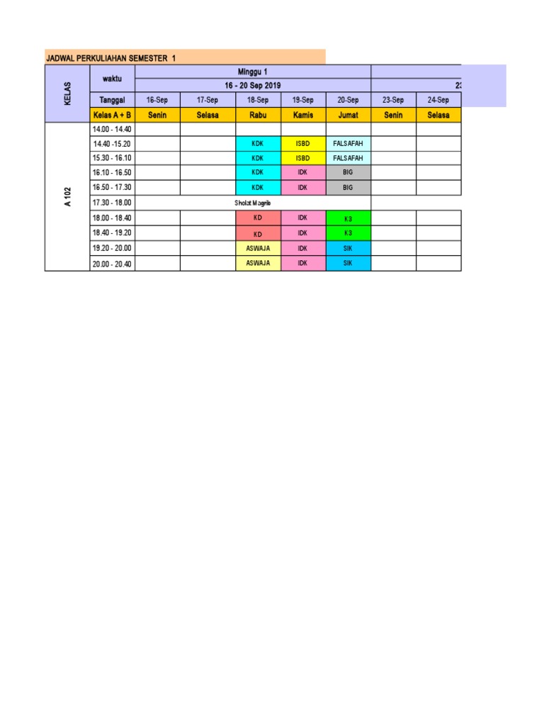 Jadwal Perkuliahan Semester 1 | PDF
