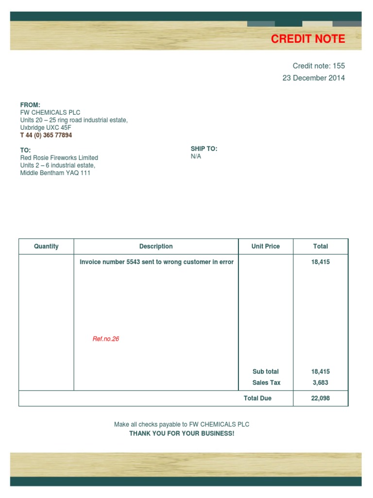 Credit Note for Invoice Error | PDF