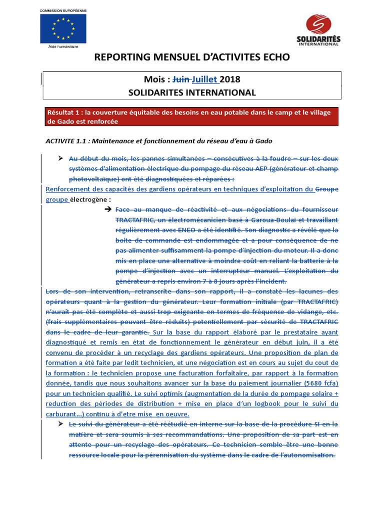 Reporting Mensuel D Activites Echo Mois 18 Solidarites International Energie Solaire Photovoltaique Latrines