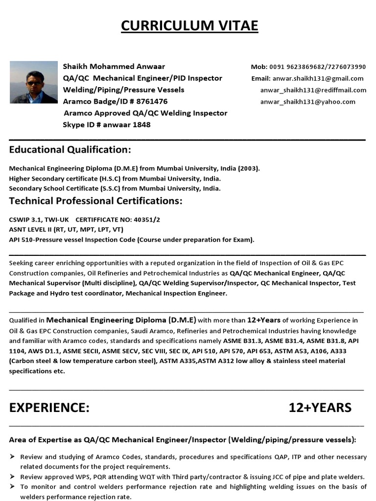 QA/QC Mechanical Engineer CV | PDF | Pipe (Fluid Conveyance ...