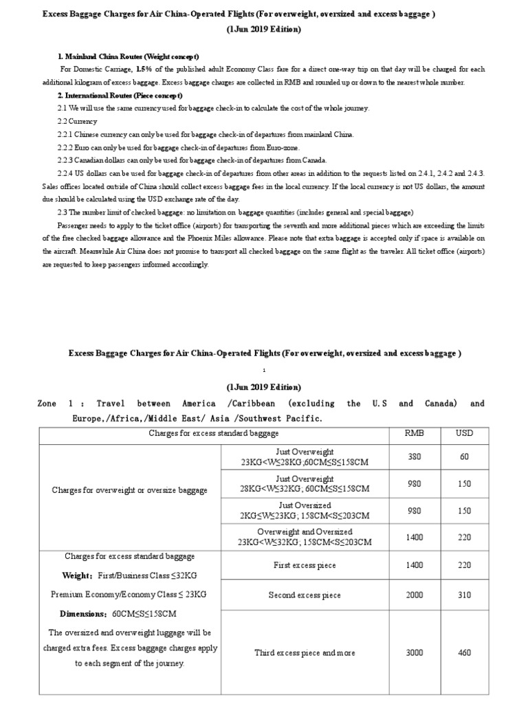 Excess Baggage Limits Air China PDF Baggage Renminbi