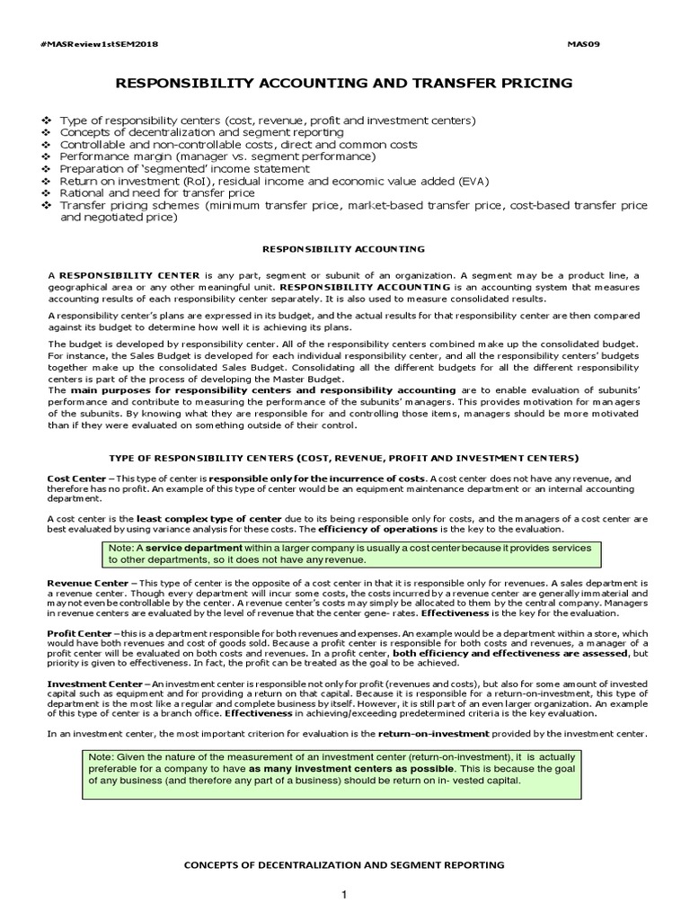 Responsibility Accounting & Transfer Pricing | PDF | Equity (Finance ...