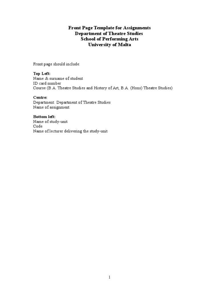 Theatre Studies Assignment Front Page Template | PDF