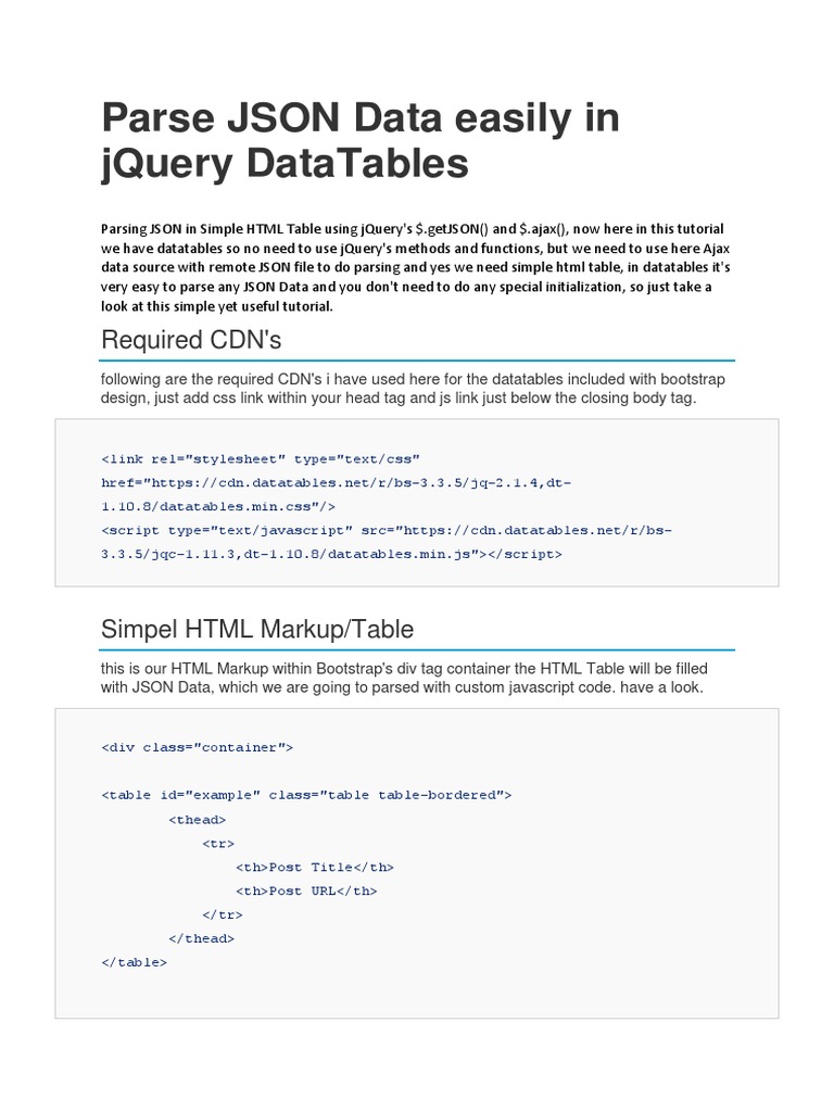 Parse JSON Data Easily in JQuery DataTables | PDF | Ajax (Programming ...