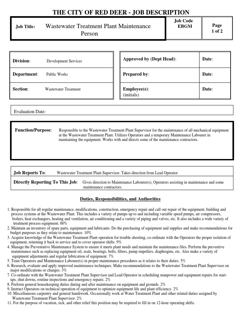 Wastewater Treatment Plant Maintenance Person The City of Red Deer