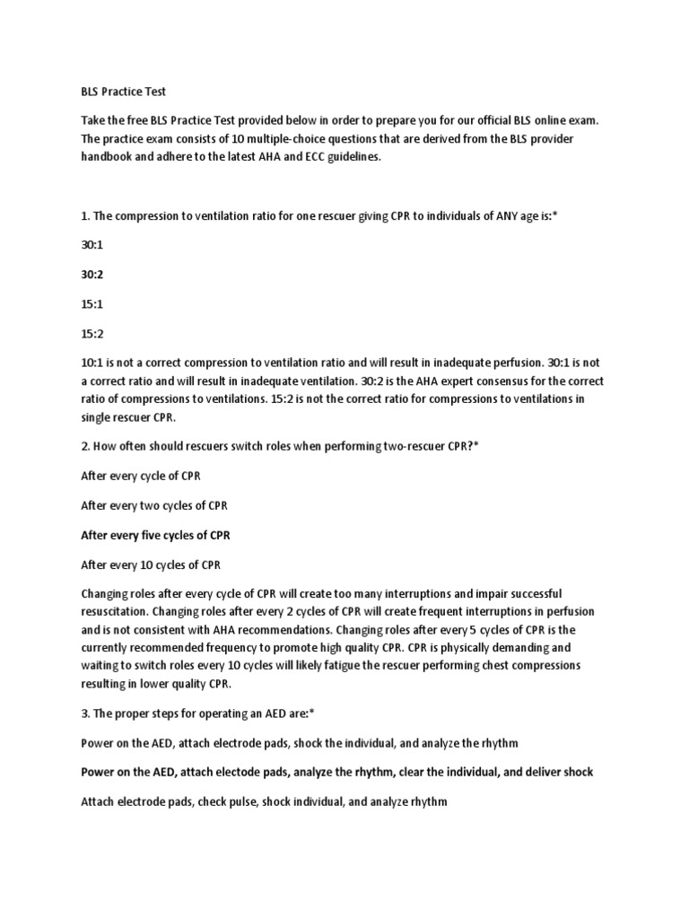 BLS CPR Practice Test Overview | PDF | Cardiopulmonary Resuscitation ...