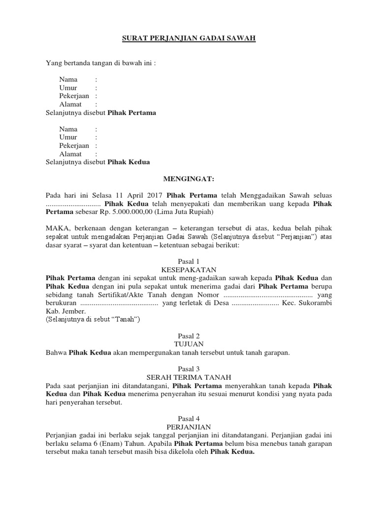 Surat Perjanjian Gadai Sawah 5 Juta