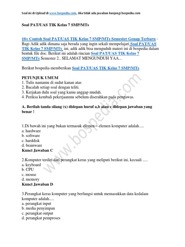 10 Contoh Soal Pat Uas Tik Kelas 7 Smp Mts Semester Genap Docx