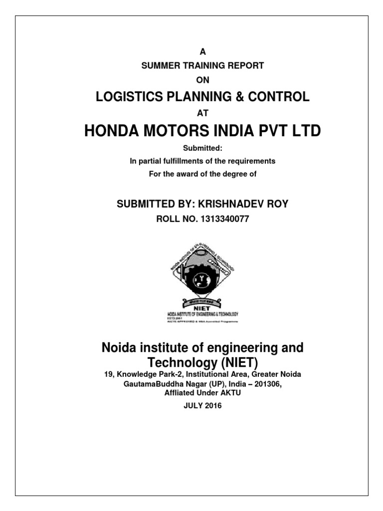 Logistics Planning & Control Honda Motors India PVT PDF Honda
