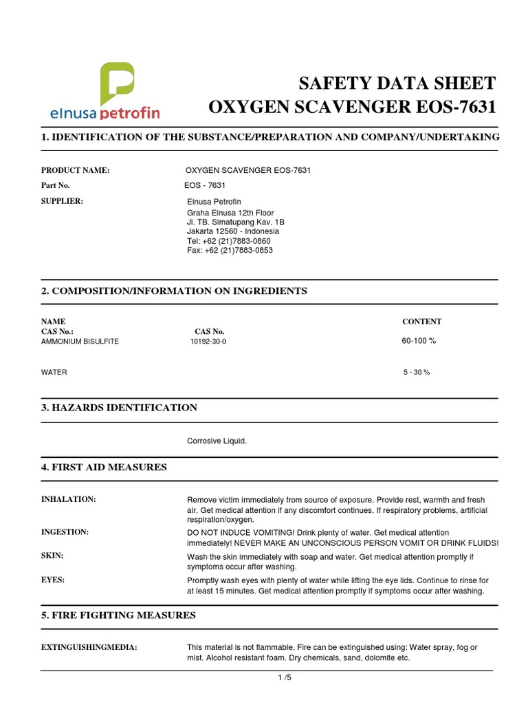 Oxygen Scavenger EOS-7631 Safety Data Sheet | PDF | Carbon Dioxide | Fires