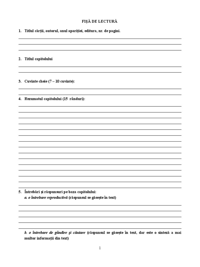 Model Fisa De Lectura Clasa A 4 A 1.2. Fisa de Lectura (Sablon) | PDF