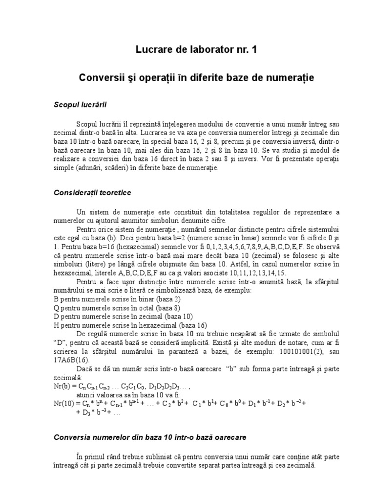 L1 Conversii Operatii in Baze de Numeratie PDF