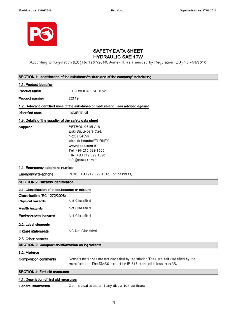 Safety Data Sheet Hydraulic Sae 10W PDF Dangerous Goods Safety