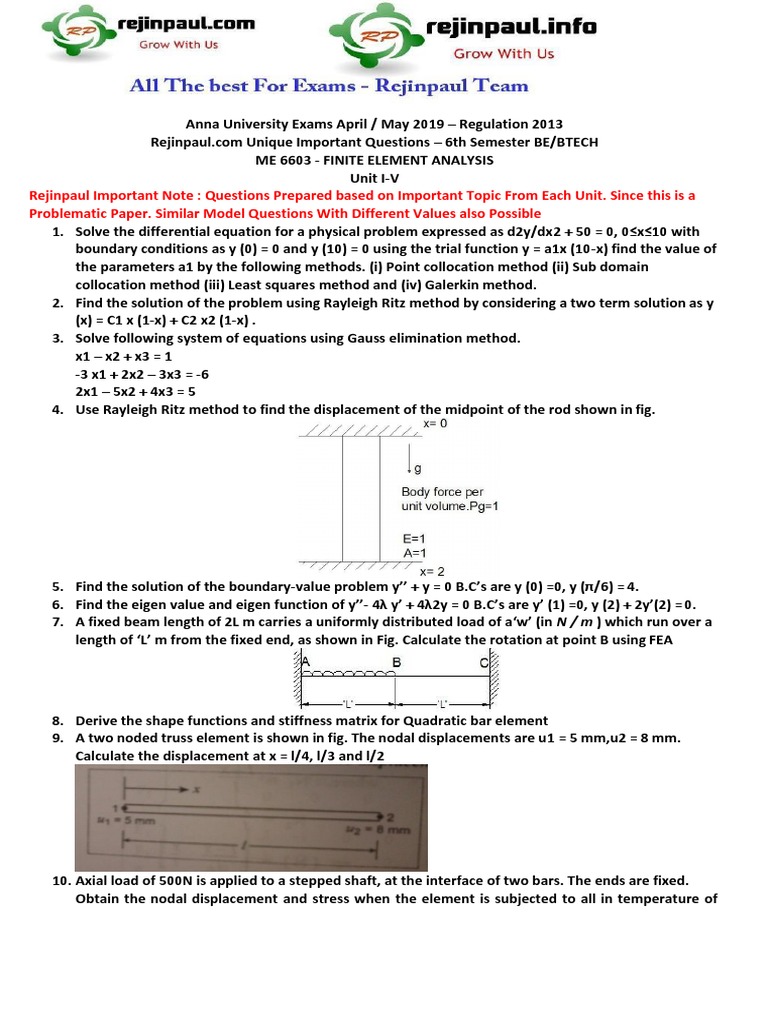 Important Finite Element Analysis Questions | PDF | Integral | Finite ...