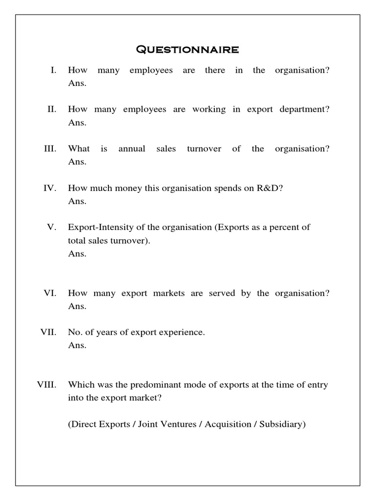 Questionnaire For Export Marketing Project | PDF | Business
