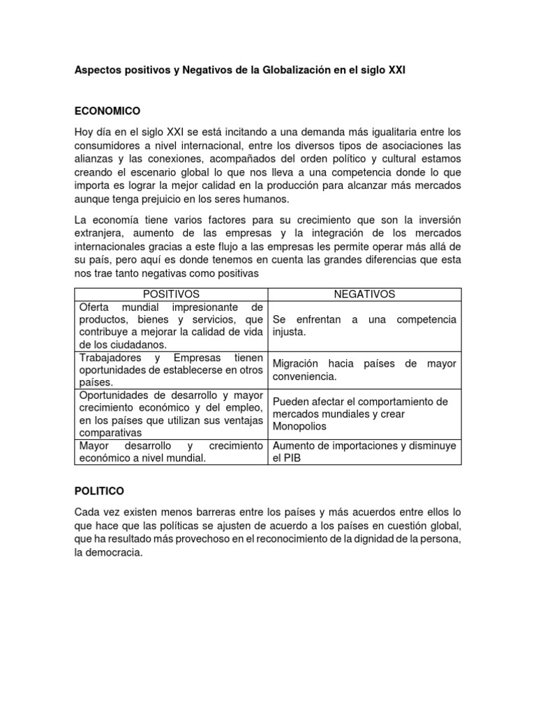 Aspectos Positivos y Negativos de La Globalización en El Siglo XXI ...
