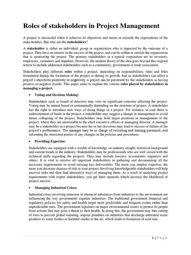 Roles Of Stakeholders In Project Management | Pdf | Stakeholder (Corporate)  | Economies