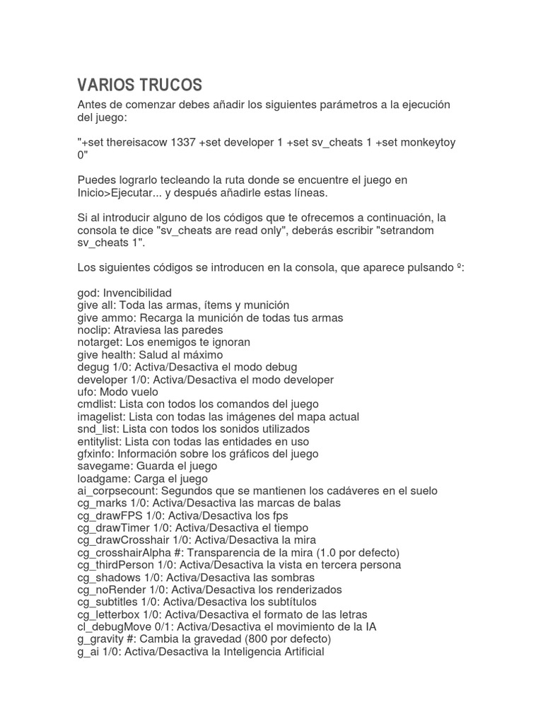 Trucos y Códigos para Call of Duty 1 | PDF | Videojuego Gameplay | Ocio