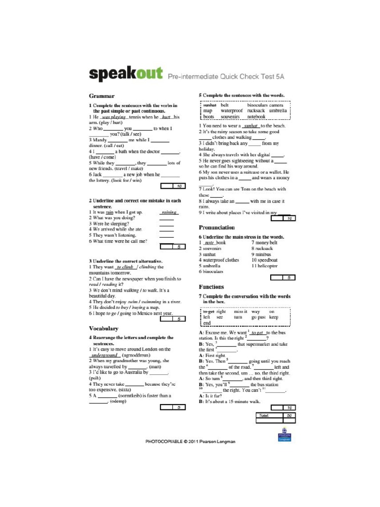 Speakout Test 5a Pre Intermediate Linguistics Grammar