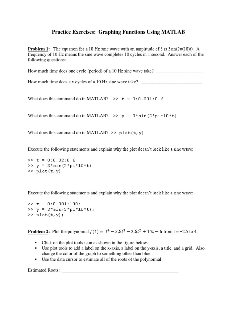 Practice Exercises: Graphing Functions Using MATLAB | PDF | Cartesian ...