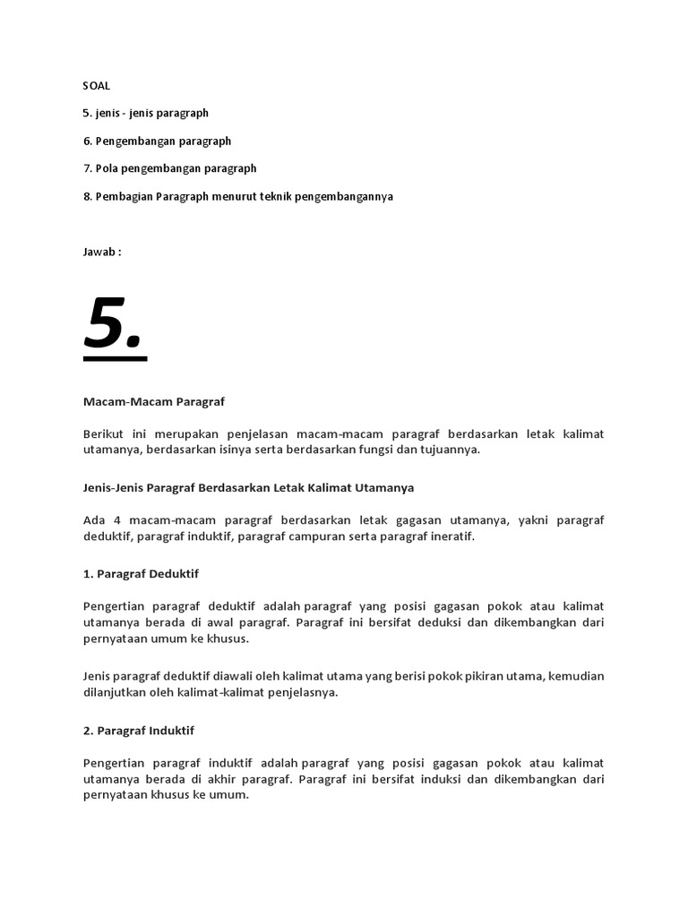 Soal 5 Jenis Jenis Paragraph 6 Pengembangan Paragraph 7 Pola Pengembangan Paragraph 8 Pembagian Paragraph Menurut Teknik Pengembangannya