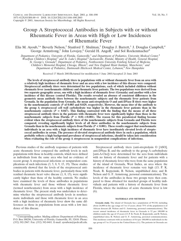 Group A Streptococcal Antibodies in Subjects With or Without Rheumatic
