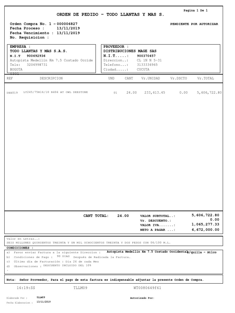 Orden de Pedido - Todo Llantas Y Mas S.: Pendiente Por Autorizar | PDF