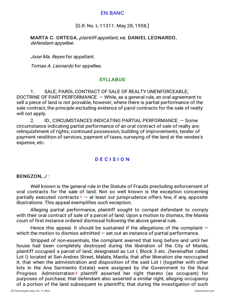 Partial Performance of an Oral Contract for the Sale of Land Analysis