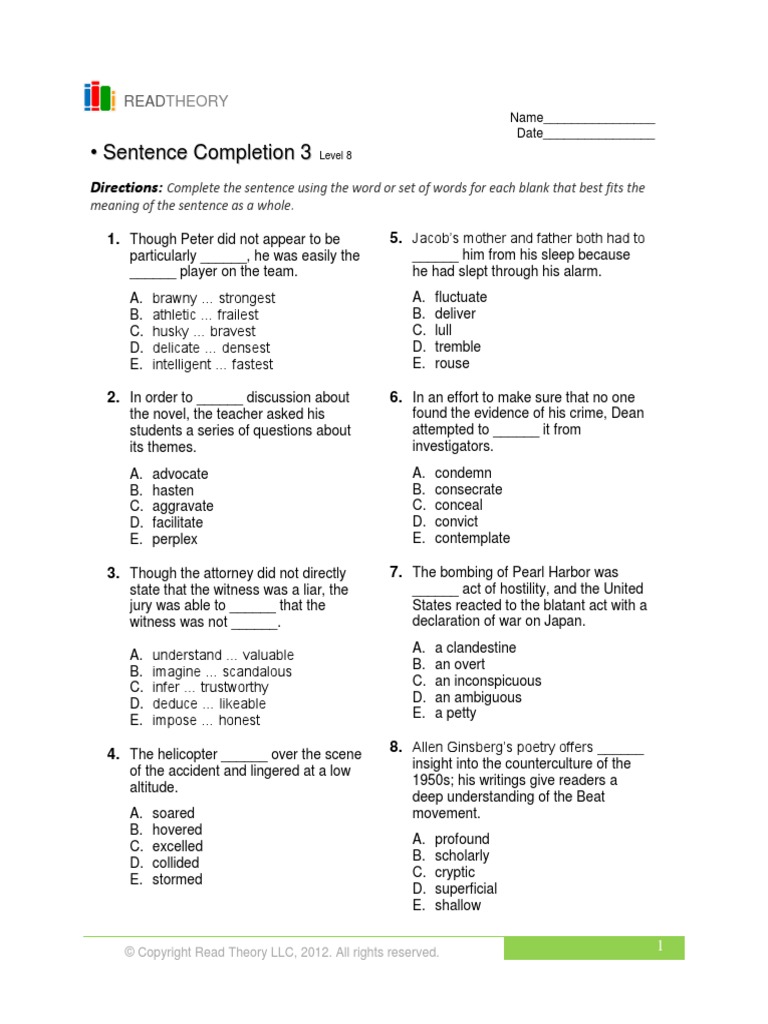 Level 8 Sentence Completion 3 PDF | PDF | Question | Cognitive Science