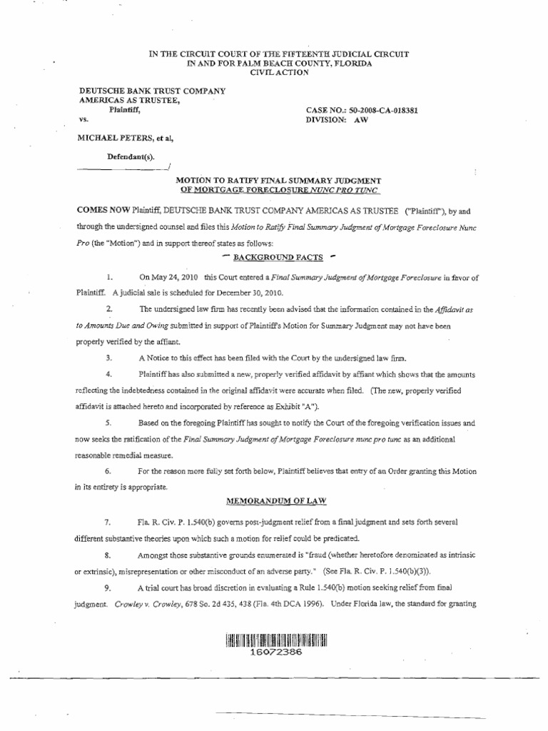 Motion to Ratify Summary Judgment Foreclosure Summary Judgment
