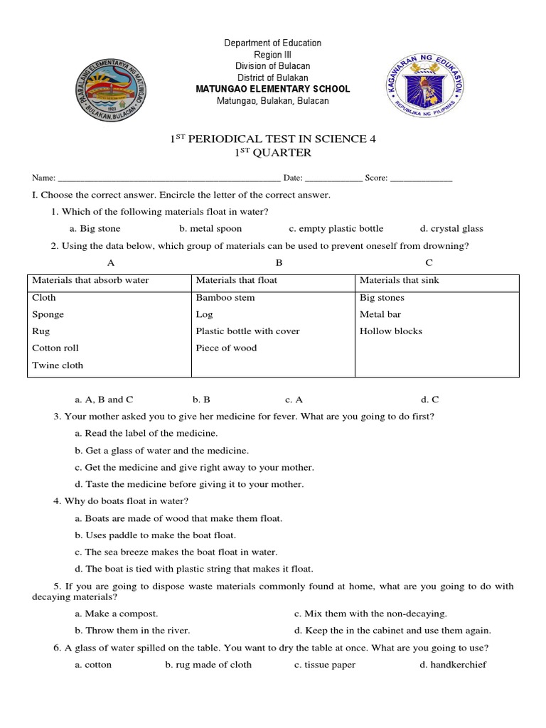 Grade 4 1st Quarter Science Test | PDF | Diarrhea | Water