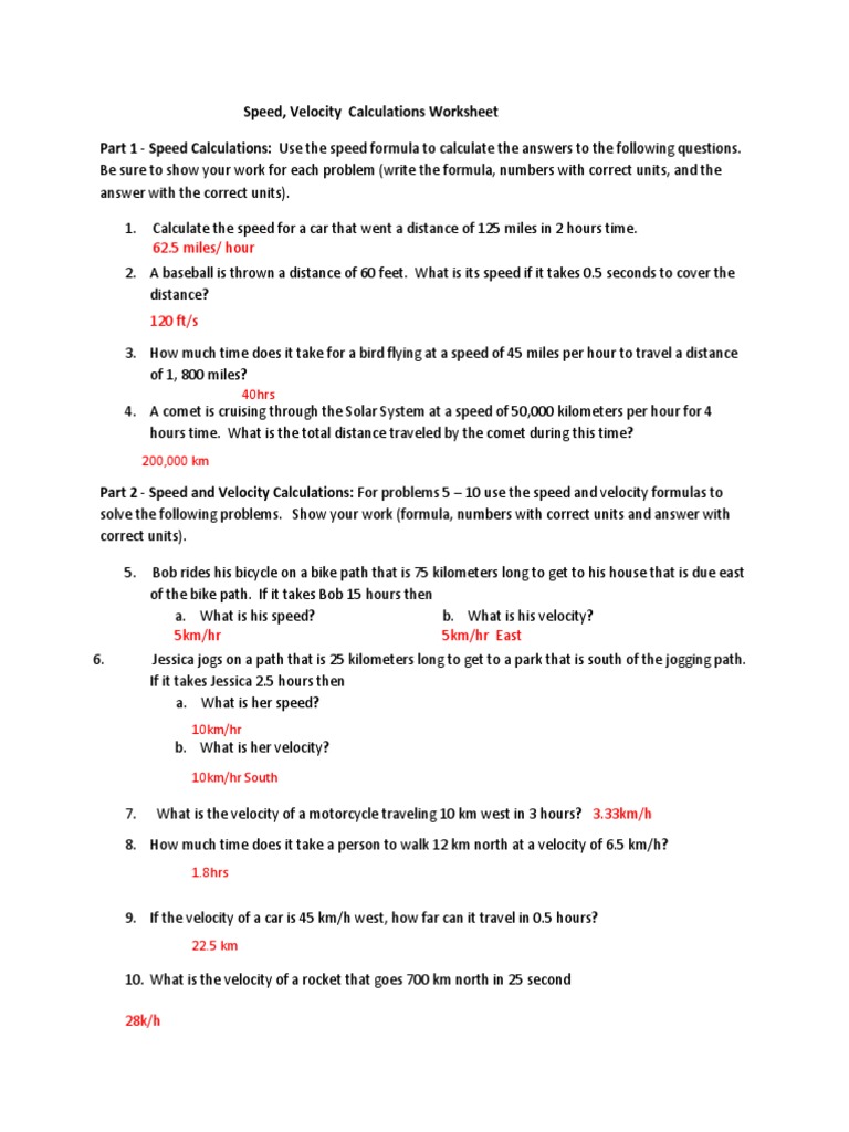 Speed, Velocity Calculations Worksheet Part 1 - Speed Calculations: Use The  Speed Formula To Calculate The Answers To The Following Questions | PDF