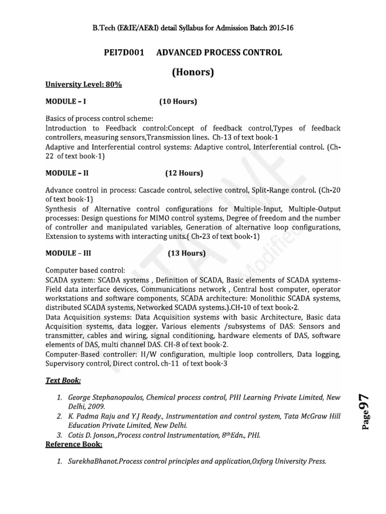 Syllabus Bput Pei7d001 Advanced Process Control PDF