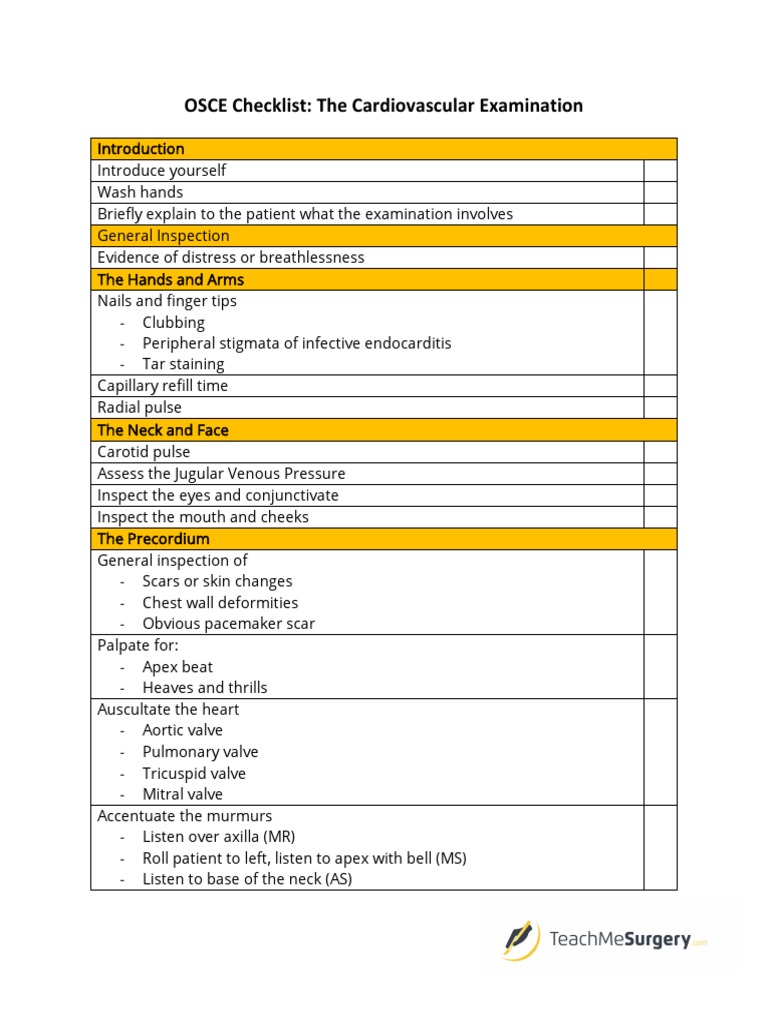 Cardiovascular Examination OSCE Checklist | PDF