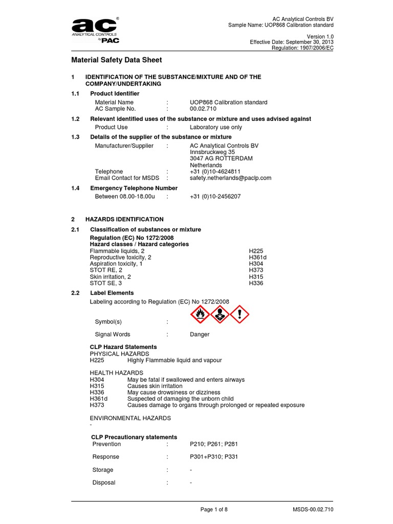 00.02.710 MSDS UOP868 Calibration Standard PDF Dangerous Goods