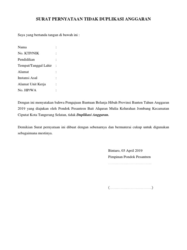 Surat Pernyataan Tidak Duplikasi Anggaran