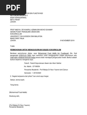 Contoh Surat Rasmi Permohonan Untuk Menambah Subjek Kursus Kerana Tamat Tempoh Add Drop Pdf