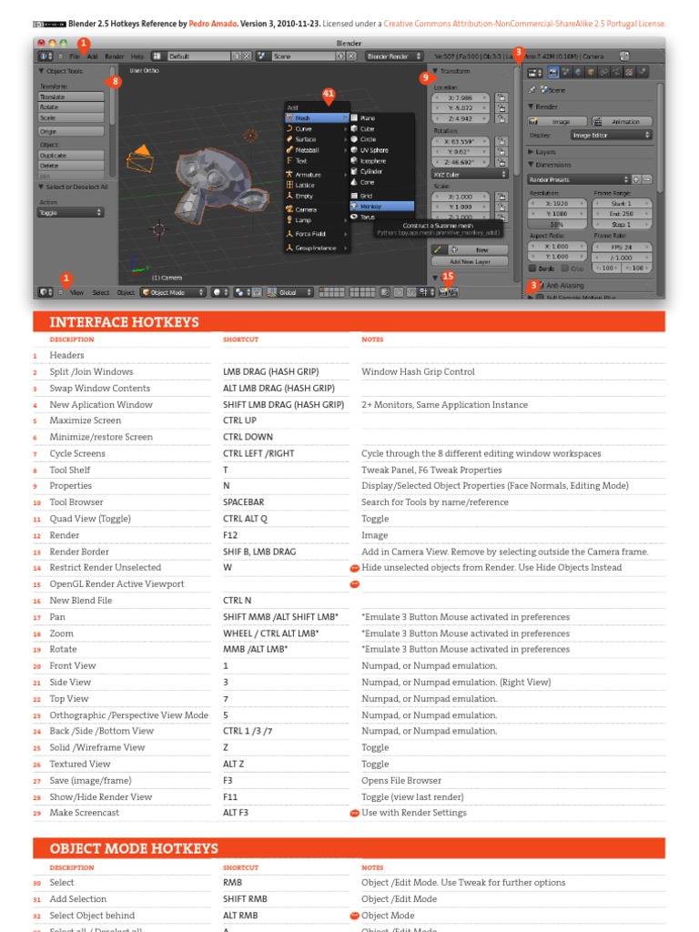 Blender 2.5 Hotkeys Reference Sheet Keyboard Shortcut System Software