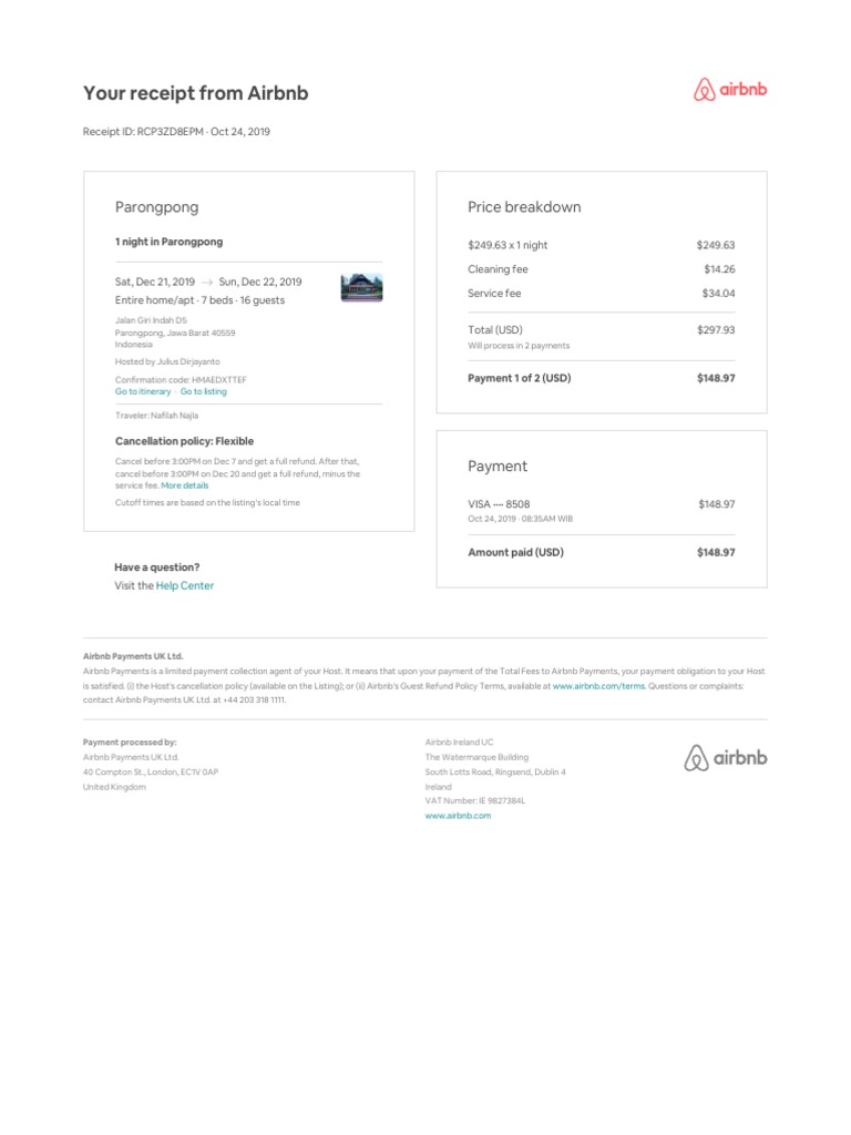 Your Receipt From Airbnb Parongpong Price Breakdown PDF Airbnb