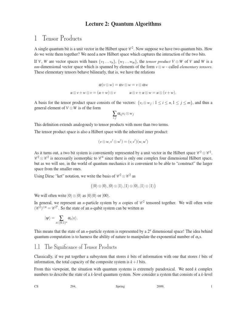 1 Tensor Products Lecture 2 Quantum Algorithms PDF Theoretical