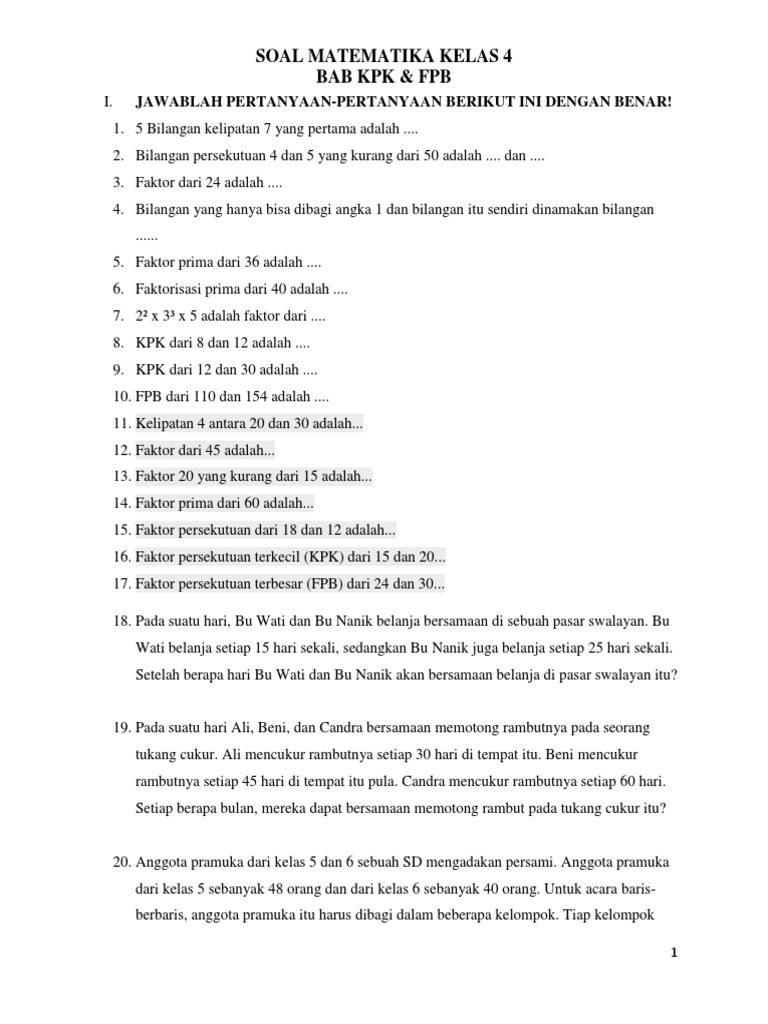 Soal KPK dan FPB Kelas 4 | PDF