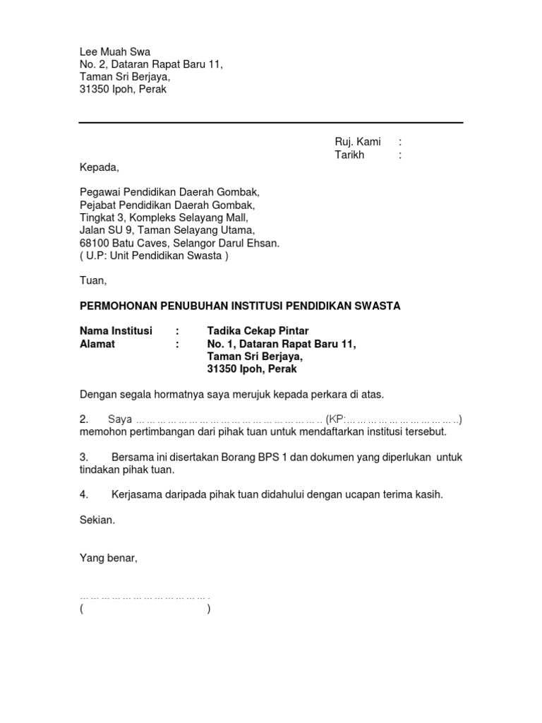 Contoh Surat Permohonan Tadika Pdf