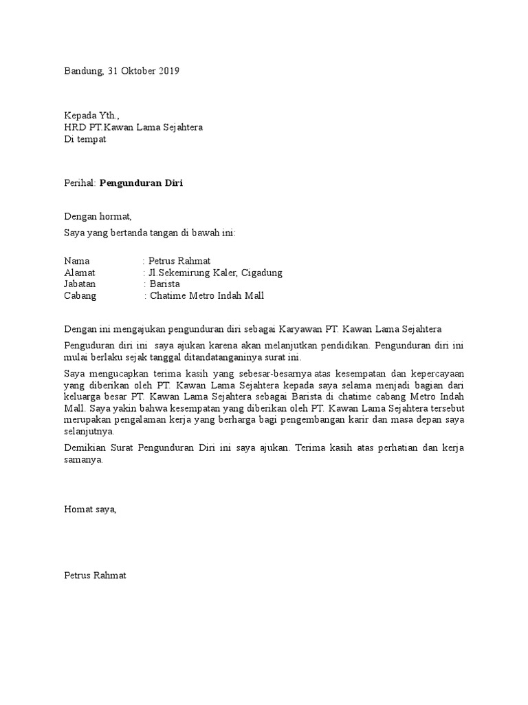 Contoh Surat Pengunduran Diri Karyawan Pdf