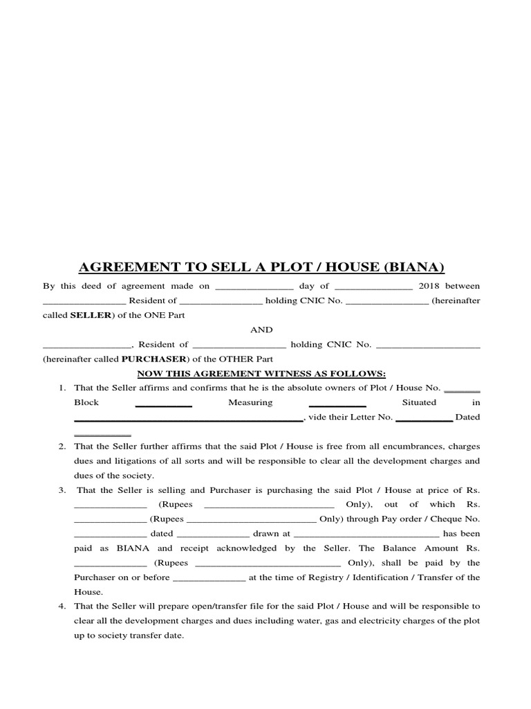 Agreement To Sell Plot / House PDF Deed Business Law