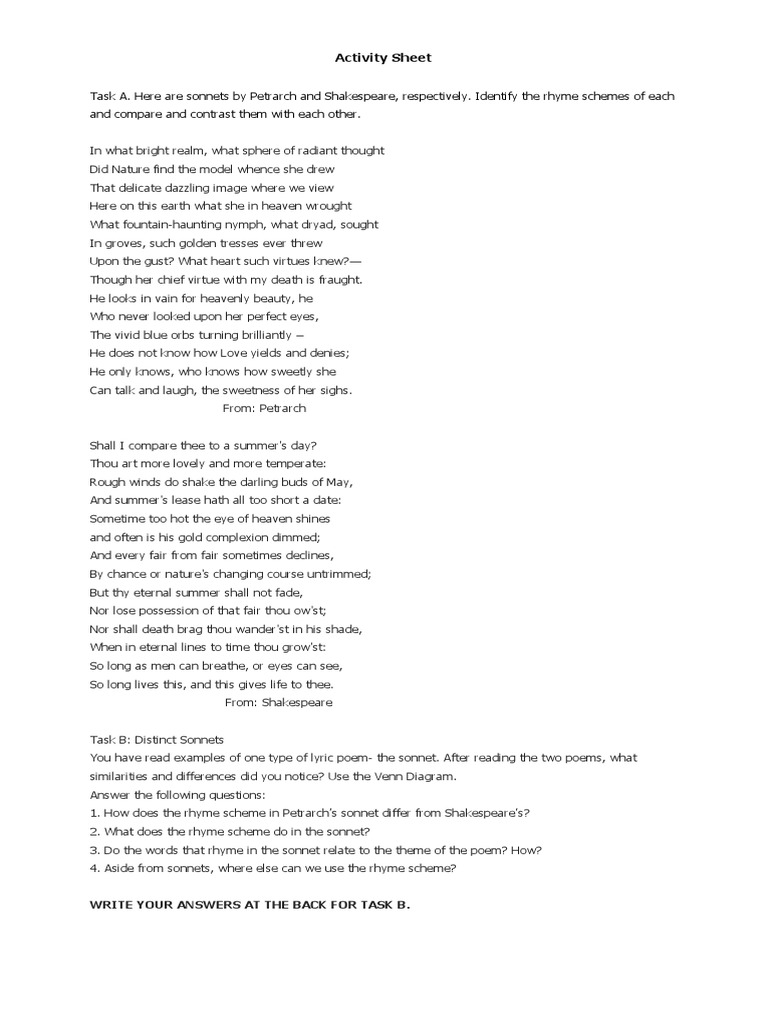 Petrarchan Sonnet Worksheet Petrarchan Poems